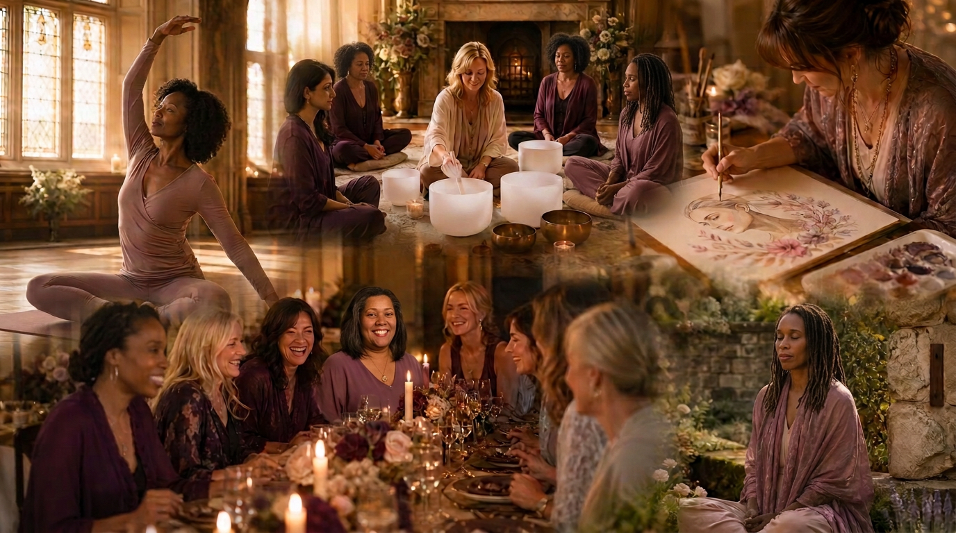 Montage of retreat guests practising yoga, sitting in a sound healing circle, painting spirit art, dining together by candlelight and meditating in the manor gardens