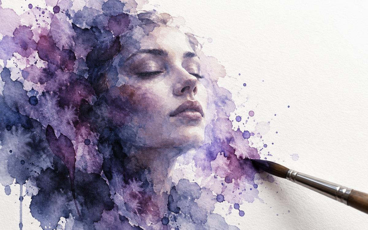 Brush touching wet paper as a face rises out of violet watercolour washes