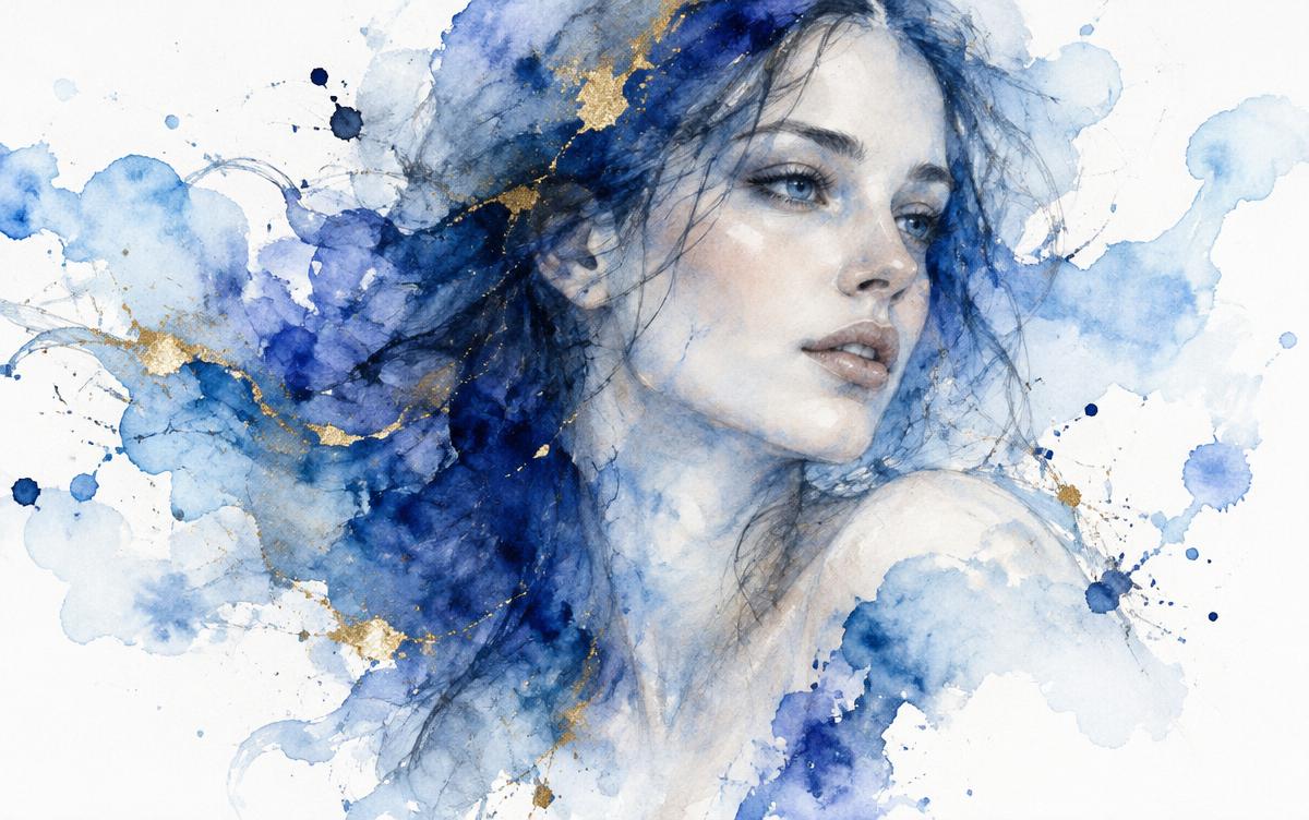 Blue watercolour spirit portrait emerging with gold flecks