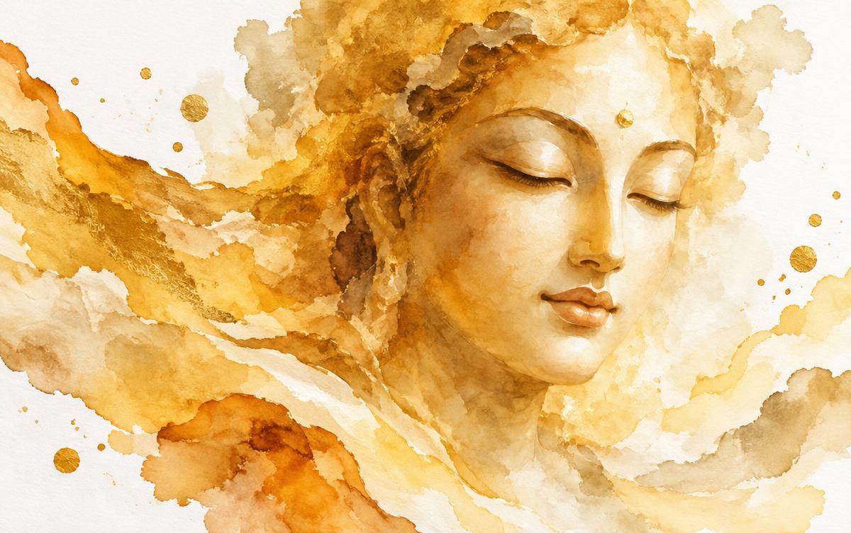 Watercolour spirit portrait emerging in tones of gold