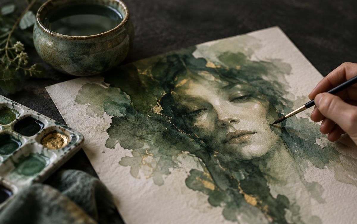 Watercolour portrait emerging in green washes as a brush touches the paper