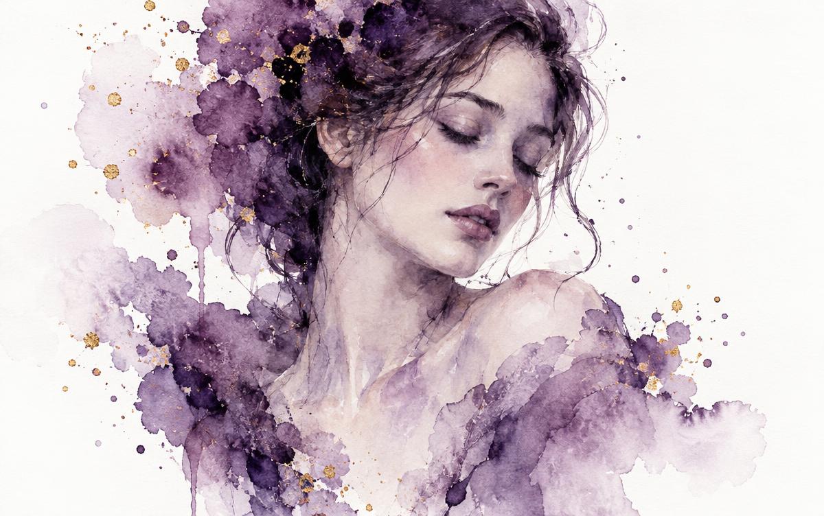 Watercolour portrait emerging in violet and plum washes