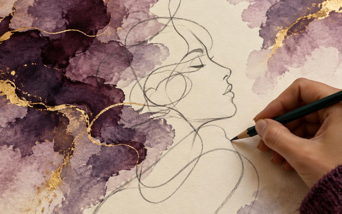 Hand drawing flowing automatic lines over plum and gold watercolour