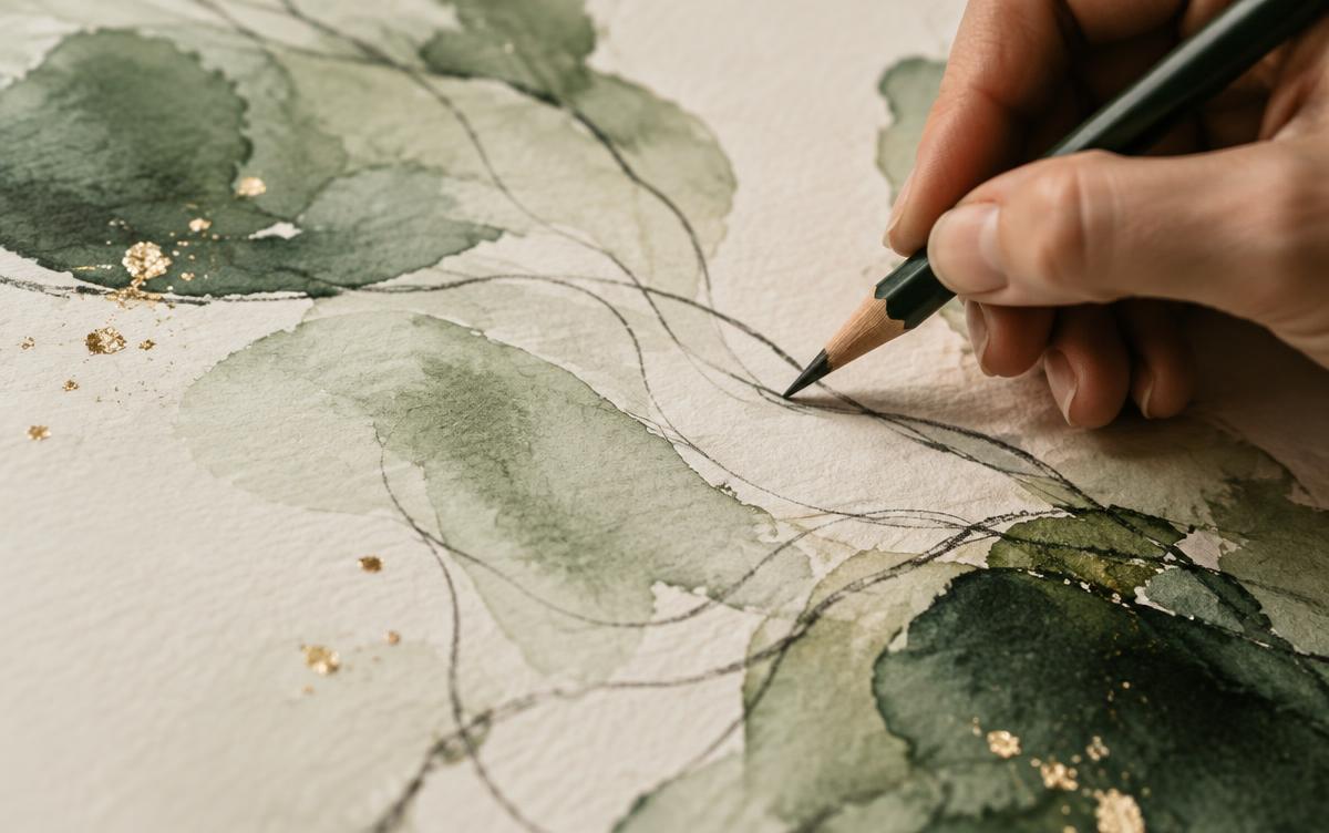 Hand drawing flowing automatic lines over sage and green watercolour washes